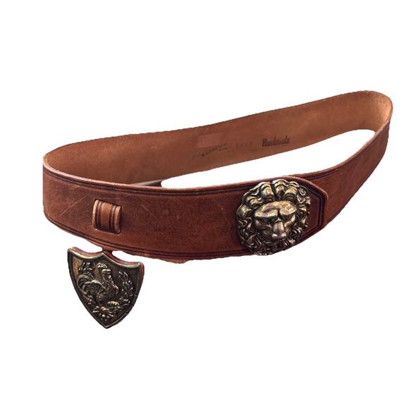 Vintage Calderon NYC Leather Lion Head Belt Buckle Belt Rooster Shield Size XS main image 9